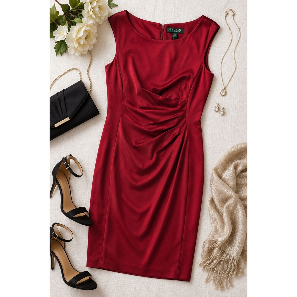 Lauren Ralph Lauren Red Ruched Draped Cocktail Dress Sleeveless Size 10